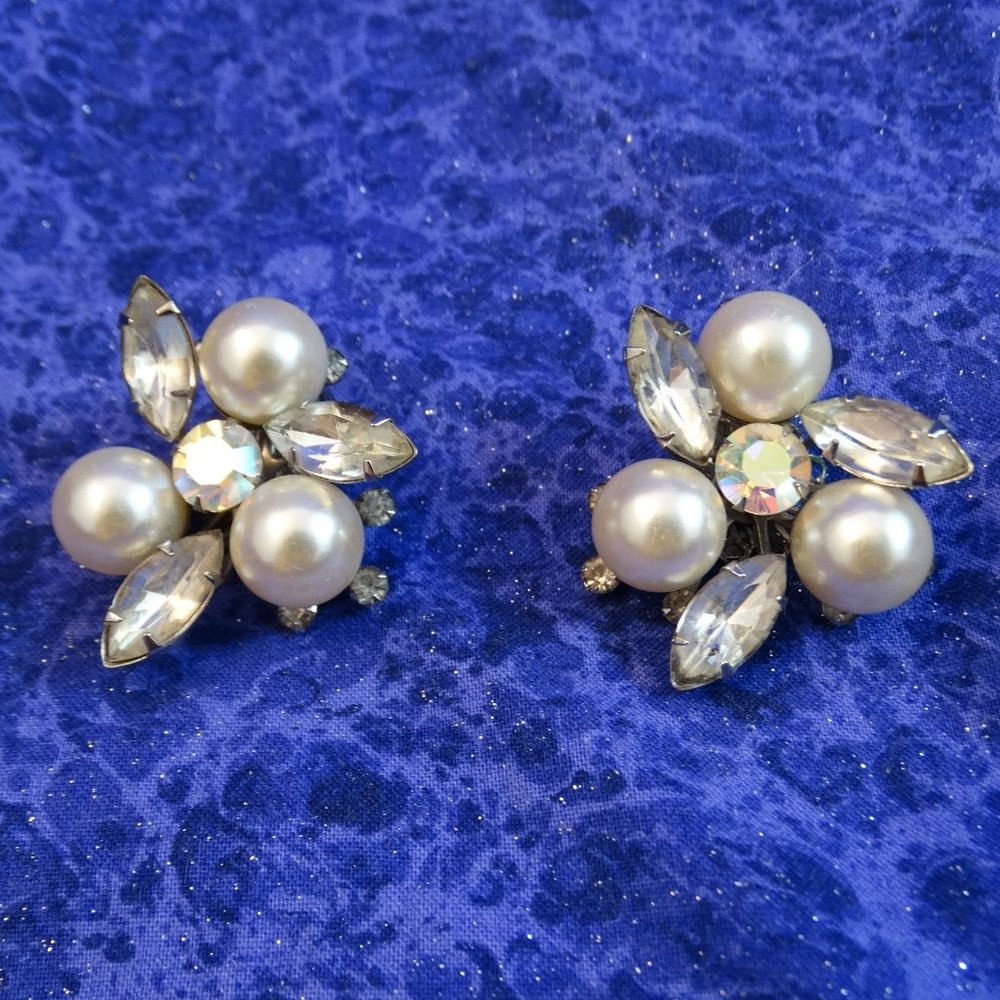 Vintage Aurora Borealis Rhinestone Faux Pearl Cluster Clip-on Earrings Judy Lee